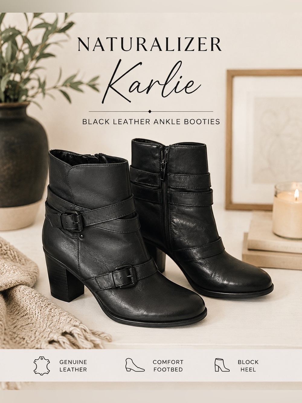 Naturalizer Karlie Black Leather Ankle Booties Women’s 8.5 Buckle Block Heel
